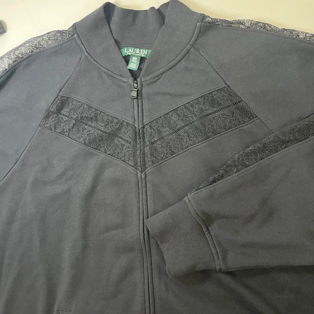 Lauren Ralph Lauren Jacket Women 2X Black Lace Full Zip Athleisure Lightweight